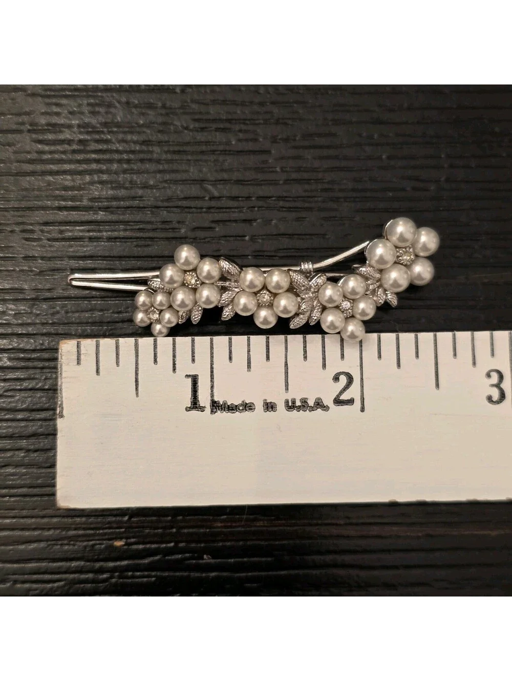 Vintage Faux Pearl Rhinestone Floral French Snap Hair Clips Silver Tone Pair EUC